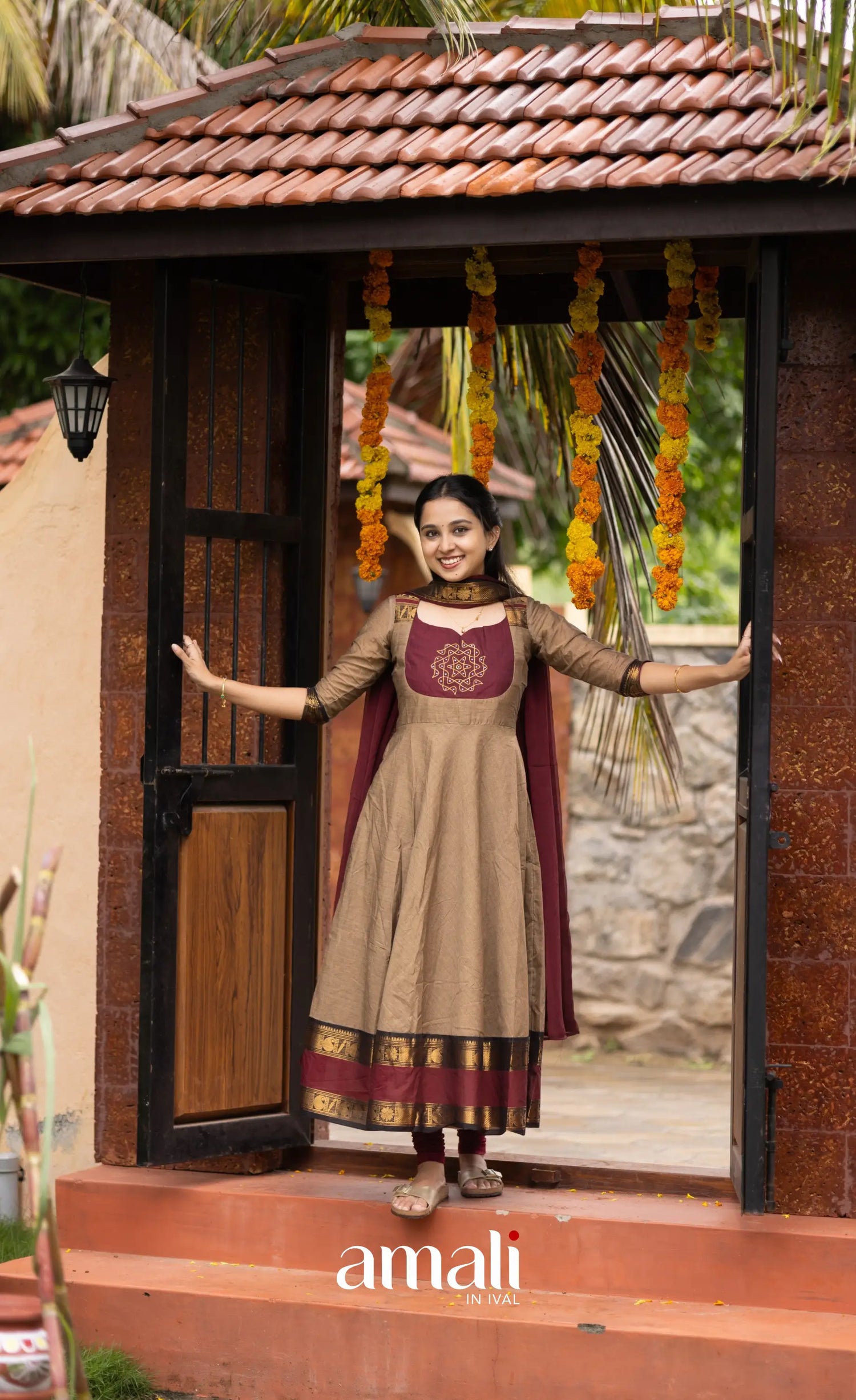 Chettinad Cotton Anarkali - Beige and Dark Maroon Anarkalis