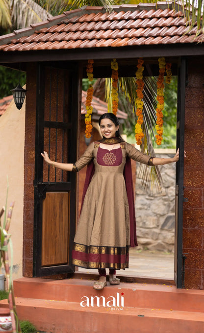 Chettinad Cotton Anarkali - Beige and Dark Maroon Anarkalis