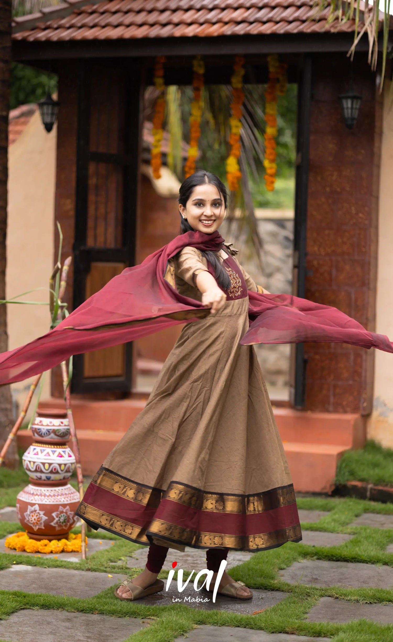 Chettinad Cotton Anarkali - Beige and Dark Maroon Anarkalis