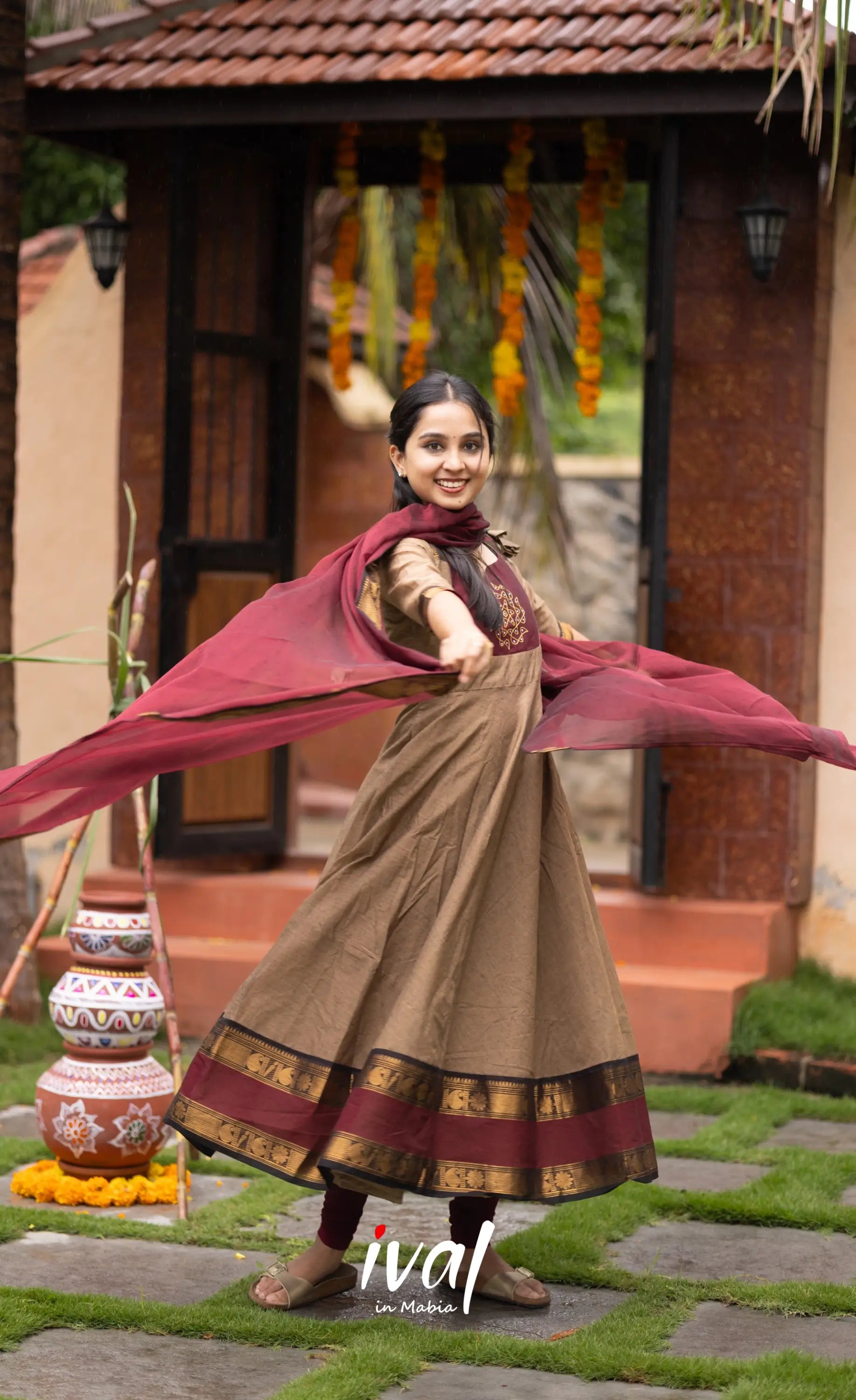 Chettinad Cotton Anarkali - Beige and Dark Maroon Anarkalis