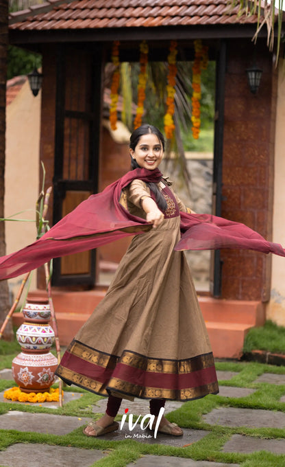 Chettinad Cotton Anarkali - Beige and Dark Maroon Anarkalis