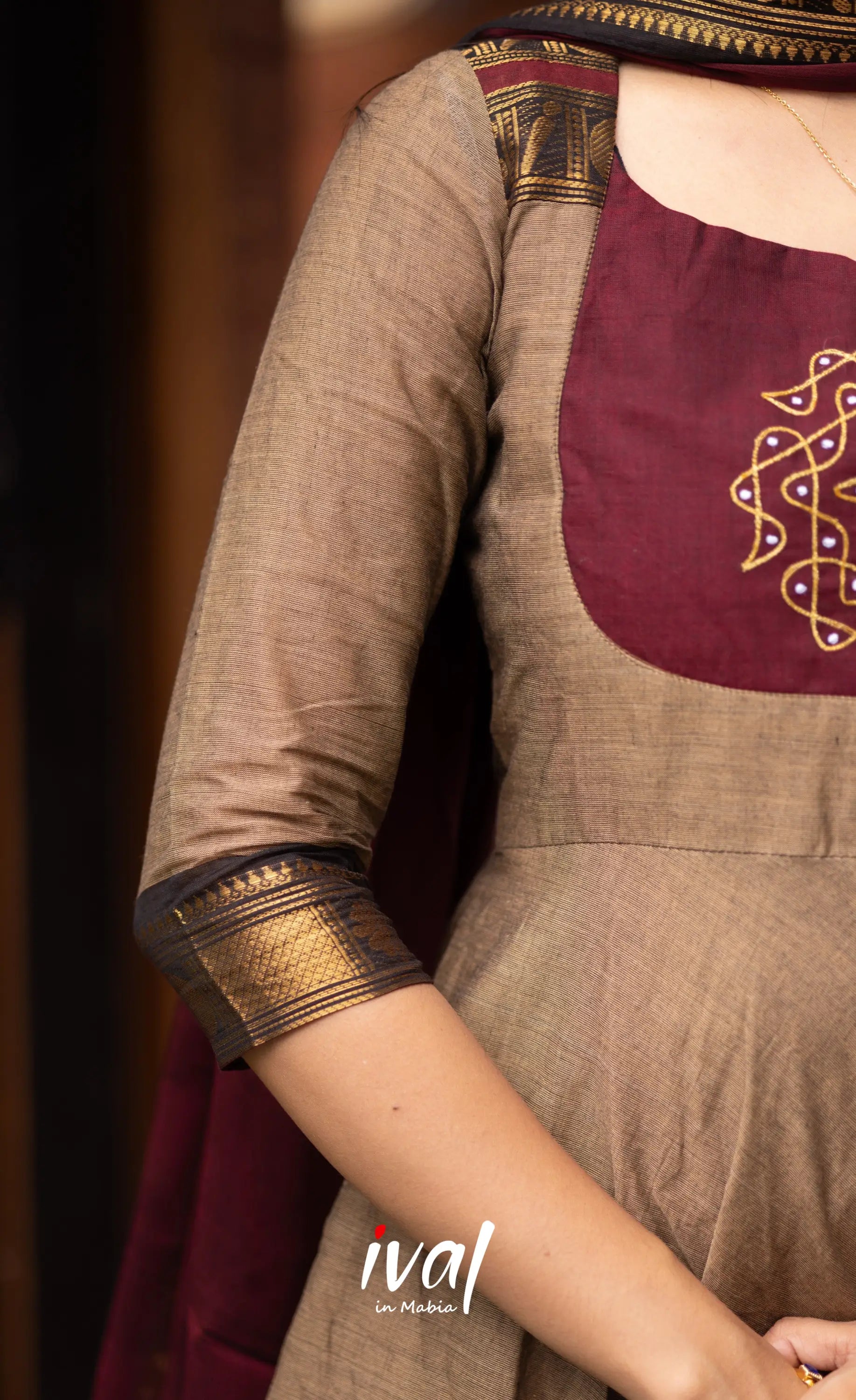 Chettinad Cotton Anarkali - Beige and Dark Maroon Anarkalis