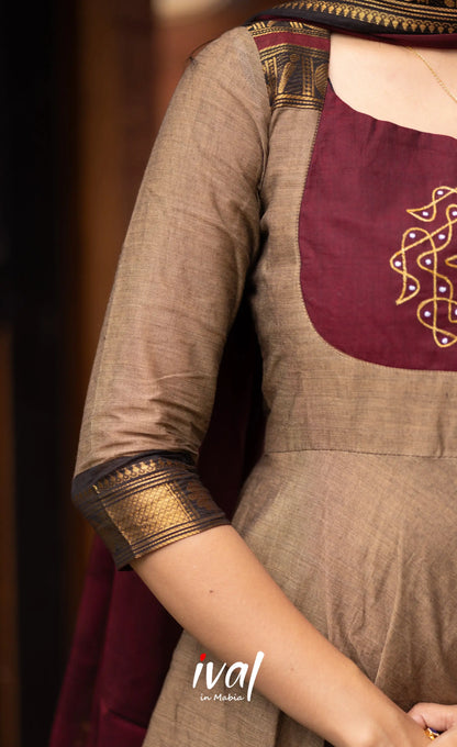 Chettinad Cotton Anarkali - Beige and Dark Maroon Anarkalis