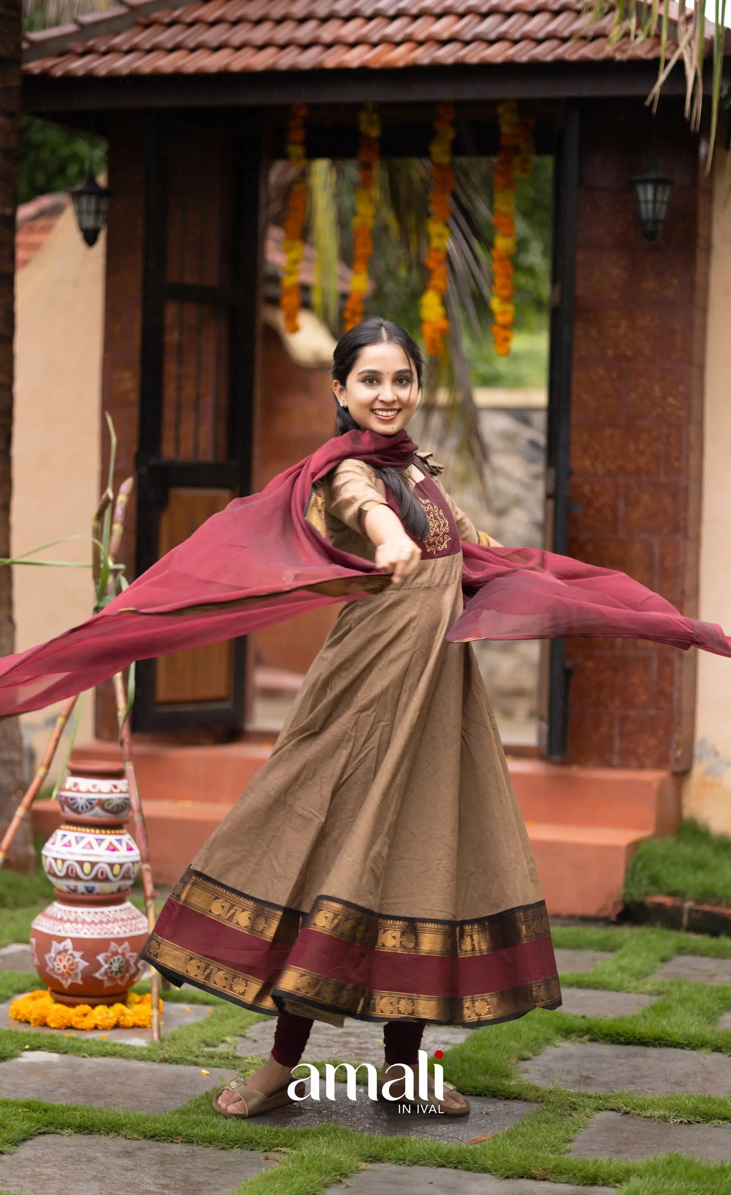 Chettinad Cotton Anarkali - Beige and Dark Maroon Anarkalis