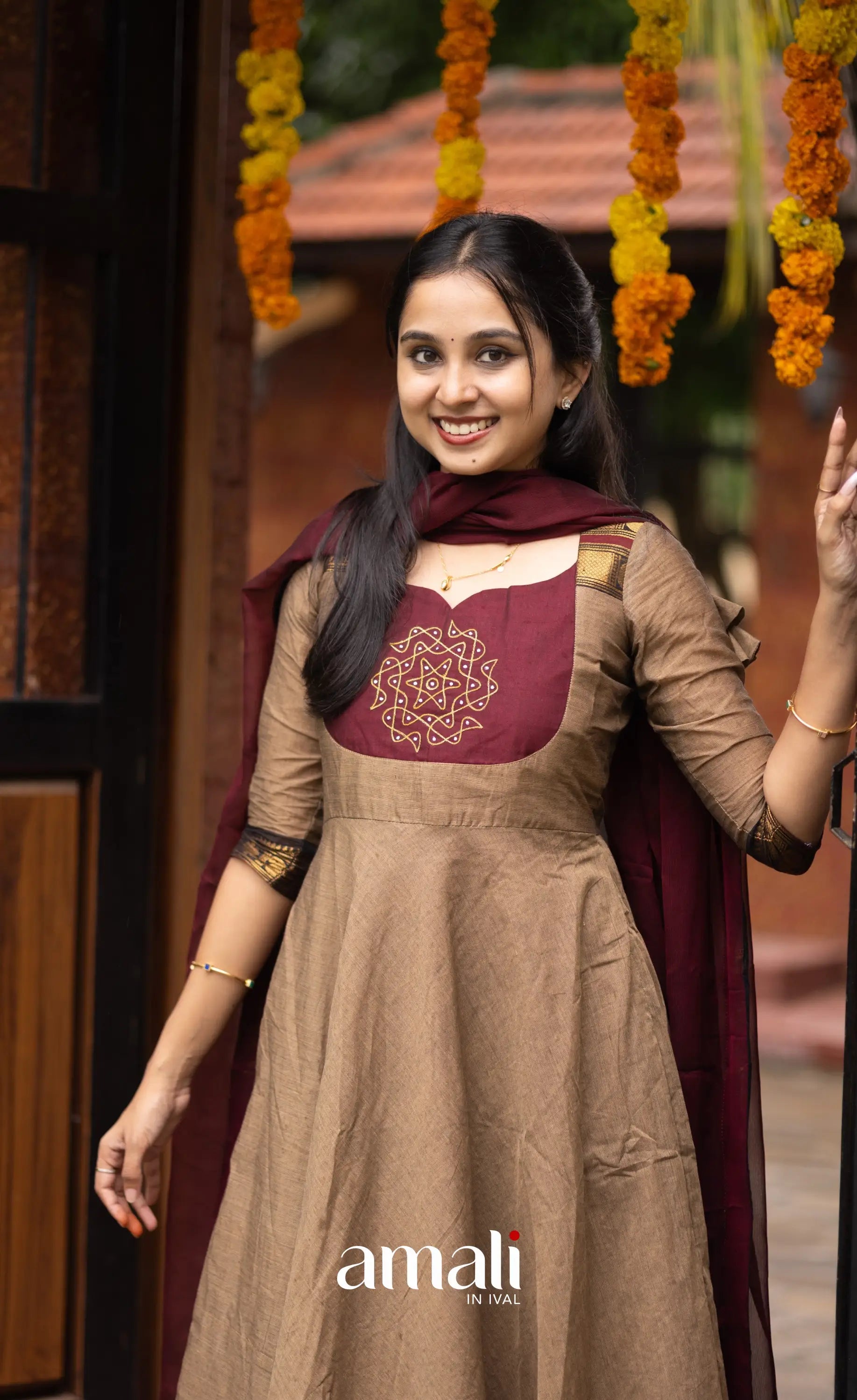 Chettinad Cotton Anarkali - Beige and Dark Maroon Anarkalis