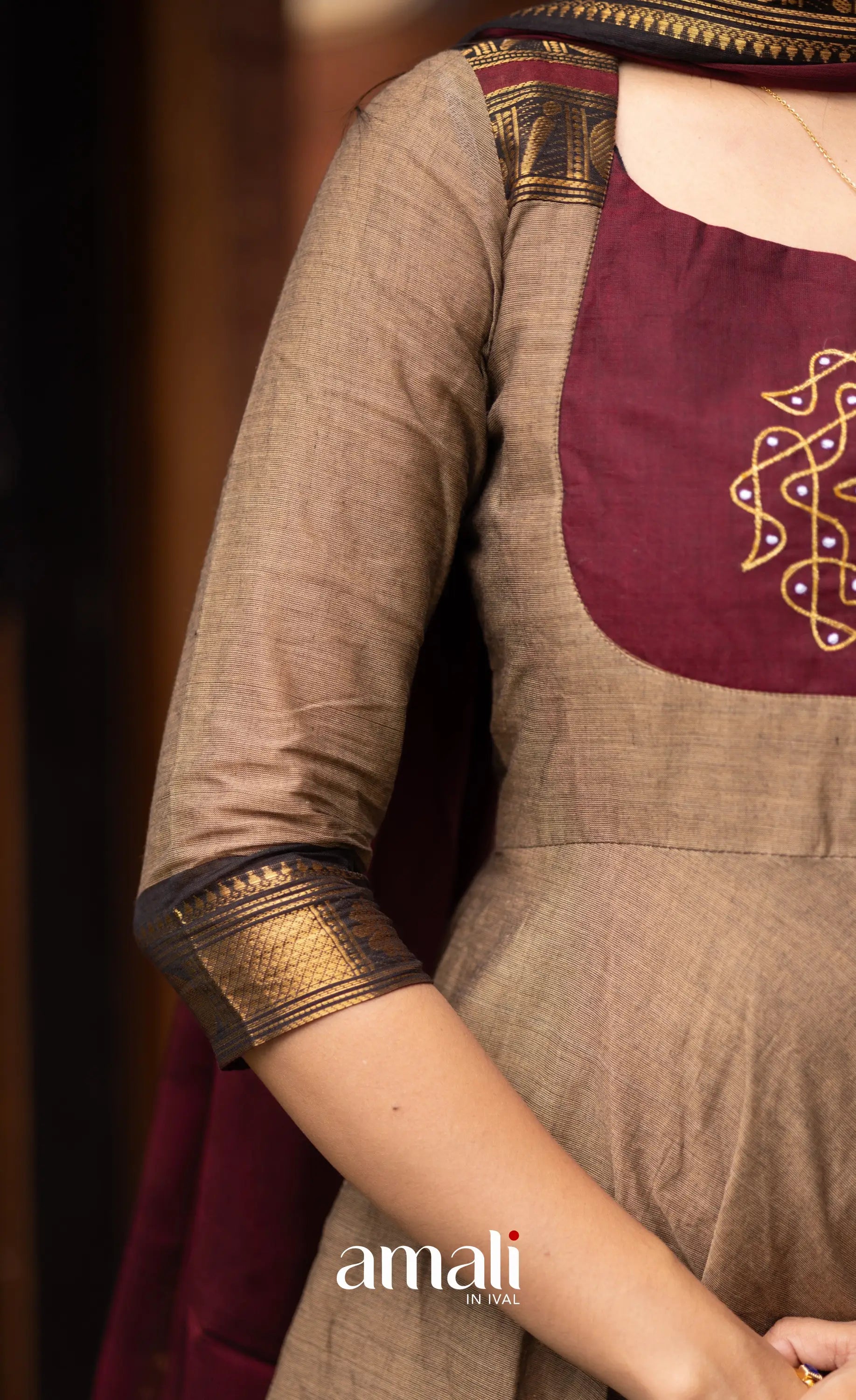 Chettinad Cotton Anarkali - Beige and Dark Maroon Anarkalis