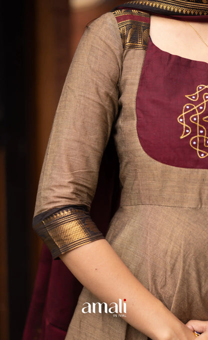 Chettinad Cotton Anarkali - Beige and Dark Maroon Anarkalis