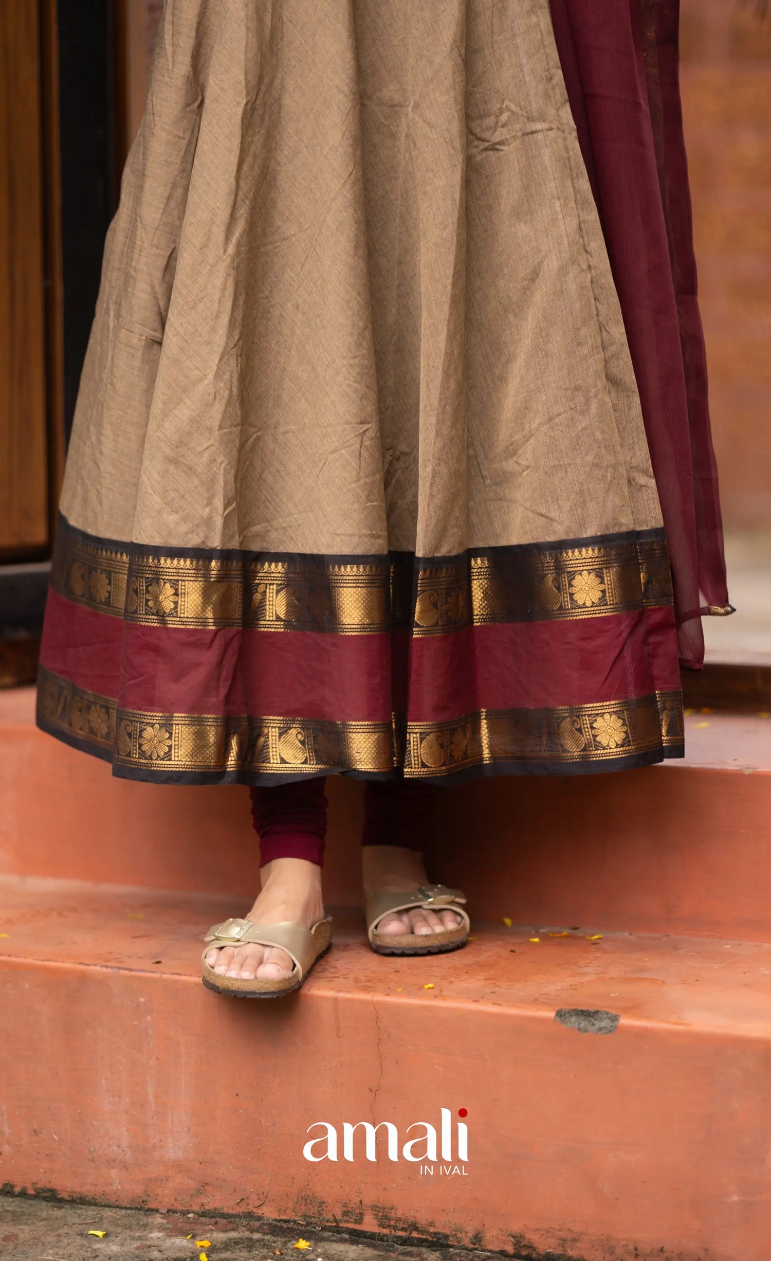 Chettinad Cotton Anarkali - Beige and Dark Maroon Anarkalis