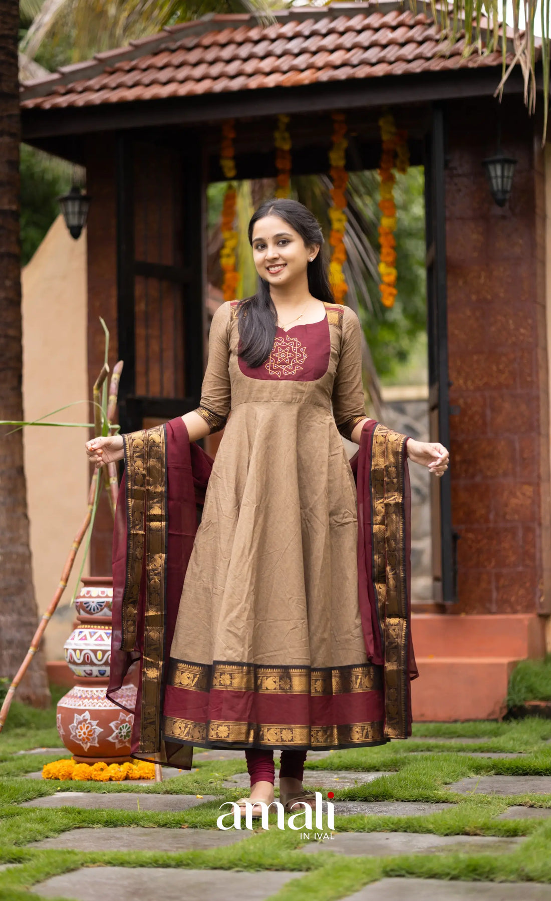 Chettinad Cotton Anarkali - Beige and Dark Maroon Anarkalis