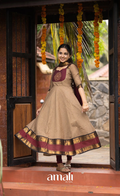 Chettinad Cotton Anarkali - Beige and Dark Maroon Anarkalis