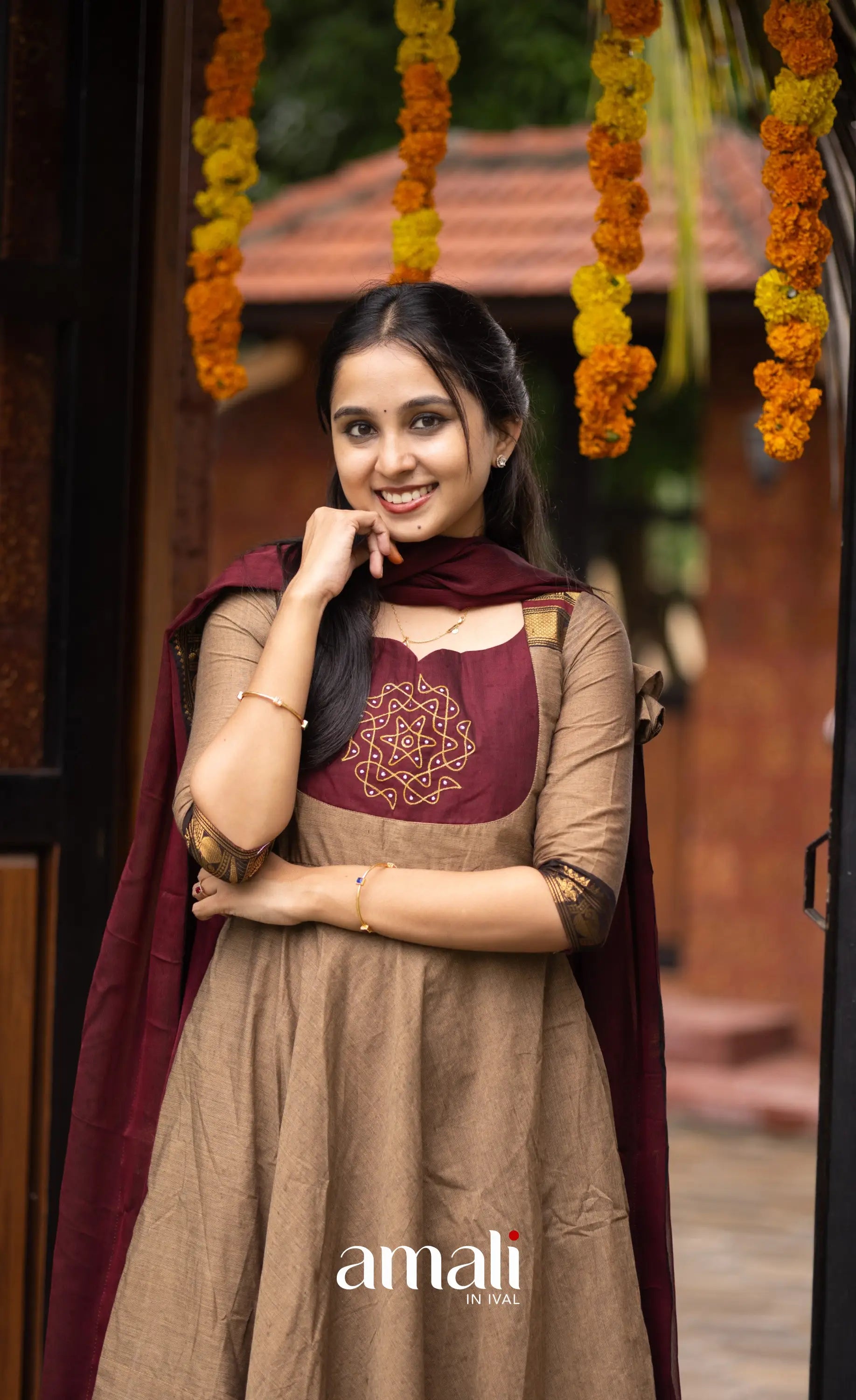 Chettinad Cotton Anarkali - Beige and Dark Maroon Anarkalis