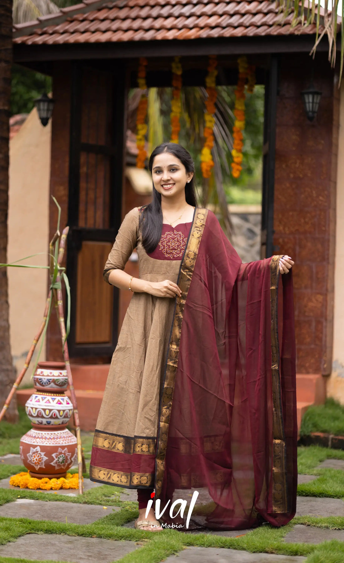 Chettinad Cotton Anarkali - Beige and Dark Maroon Anarkalis