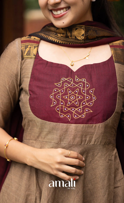 Chettinad Cotton Anarkali - Beige and Dark Maroon Anarkalis