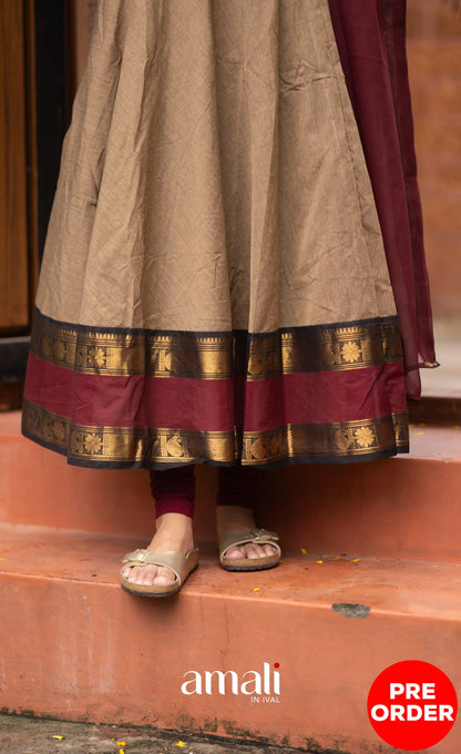 Chettinad Cotton Anarkali - Beige and Dark Maroon Anarkalis