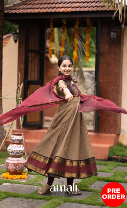 Chettinad Cotton Anarkali - Beige and Dark Maroon Anarkalis