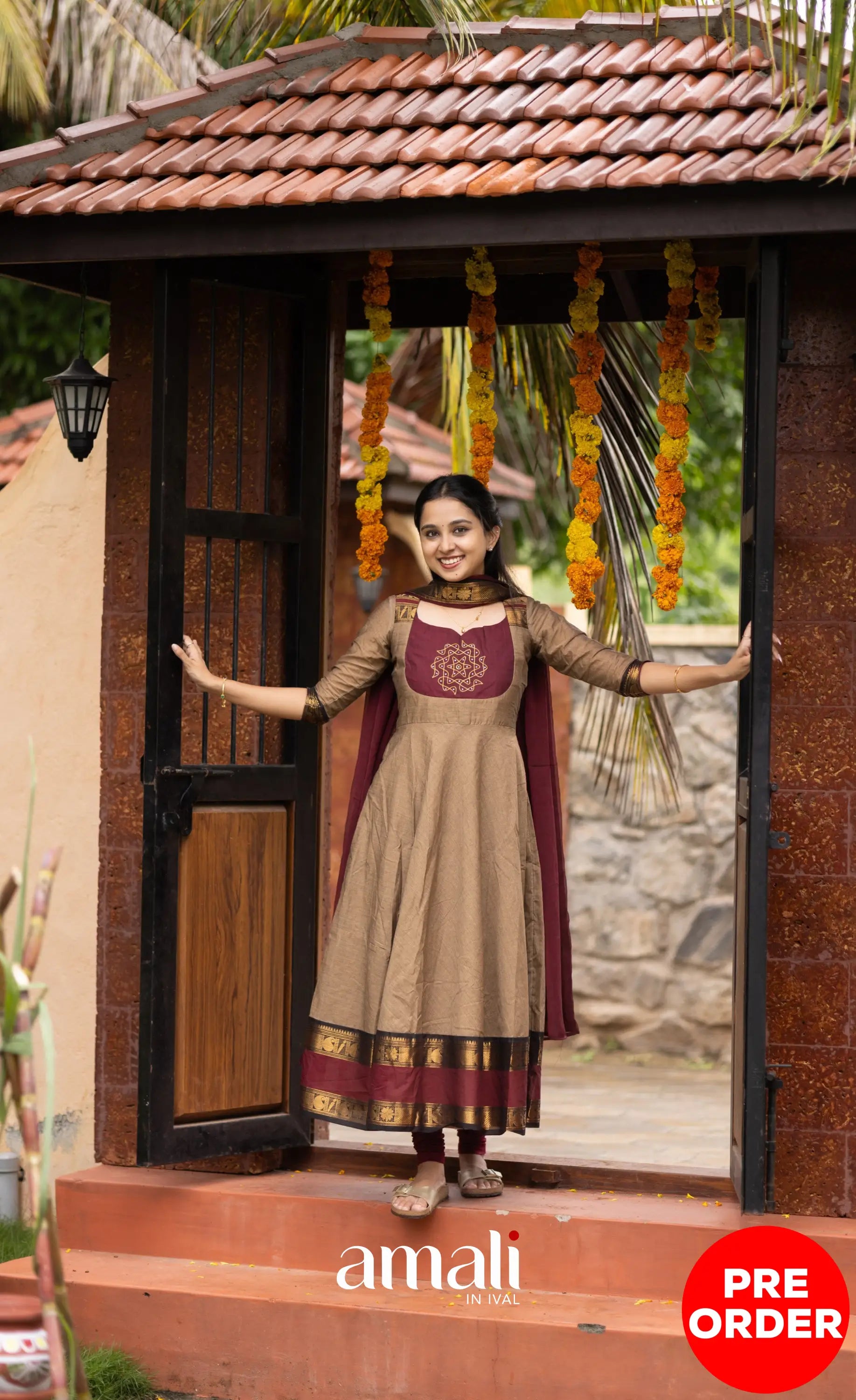 Chettinad Cotton Anarkali - Beige and Dark Maroon Anarkalis