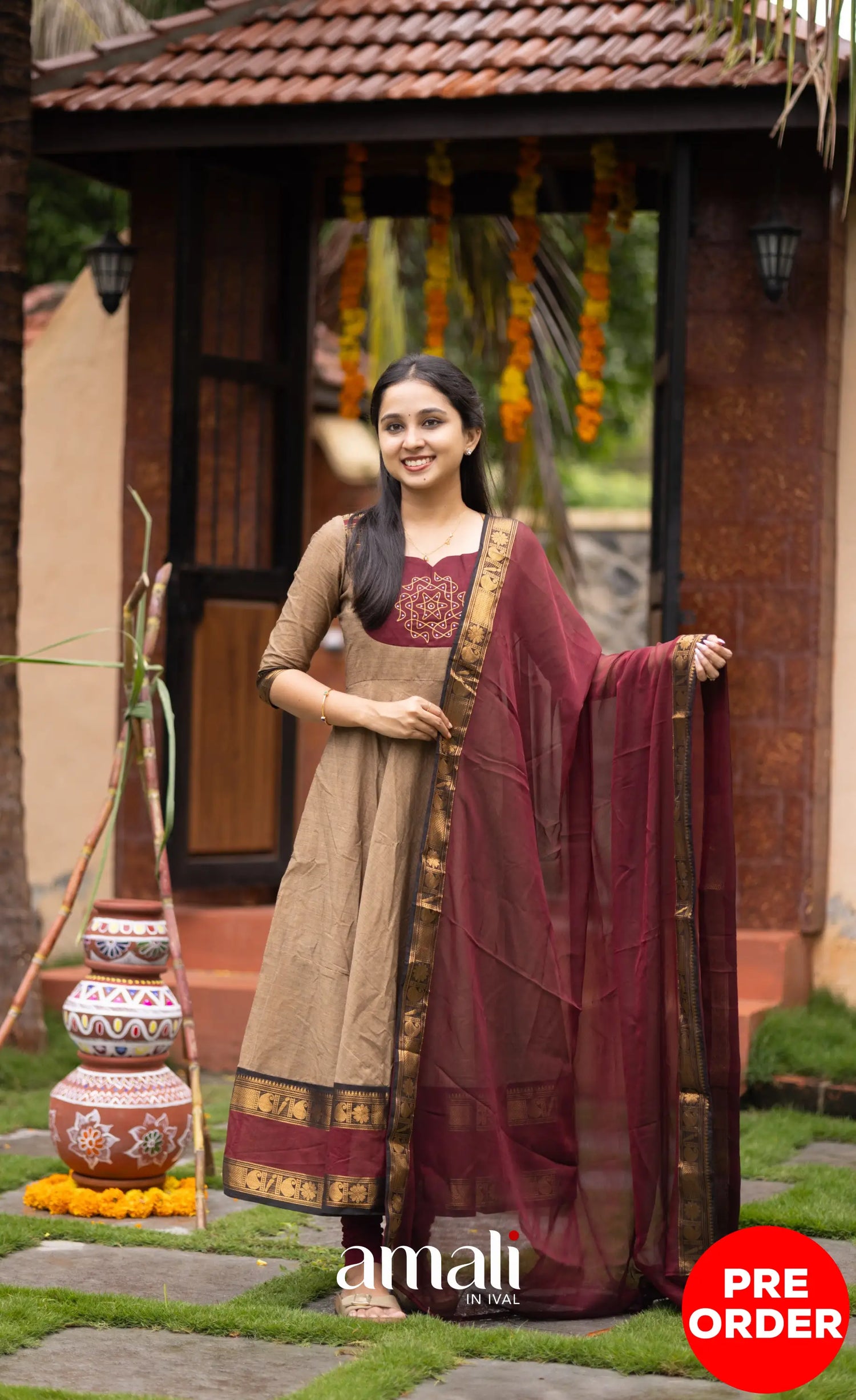 Chettinad Cotton Anarkali - Beige and Dark Maroon Anarkalis