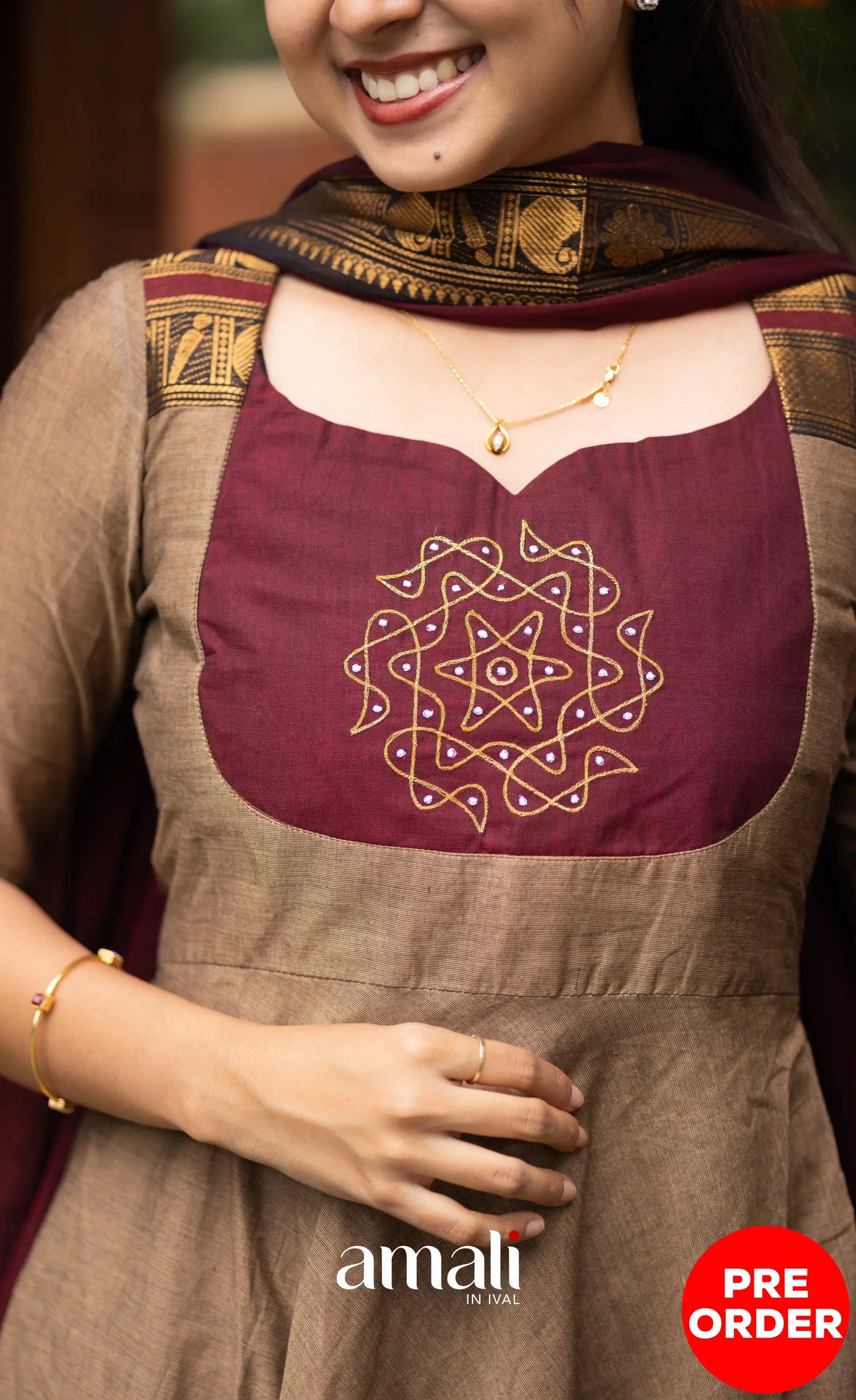 Chettinad Cotton Anarkali - Beige and Dark Maroon Anarkalis