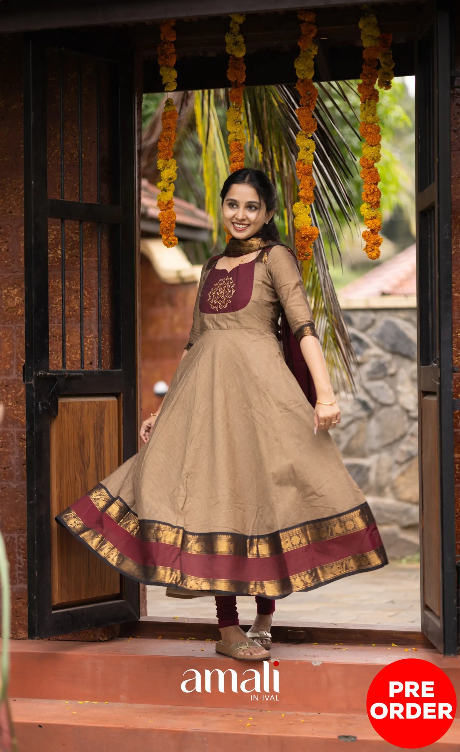 Chettinad Cotton Anarkali - Beige and Dark Maroon Anarkalis