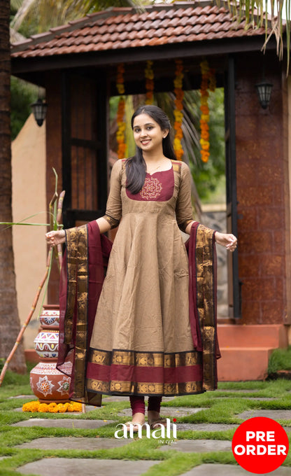 Chettinad Cotton Anarkali - Beige and Dark Maroon Anarkalis