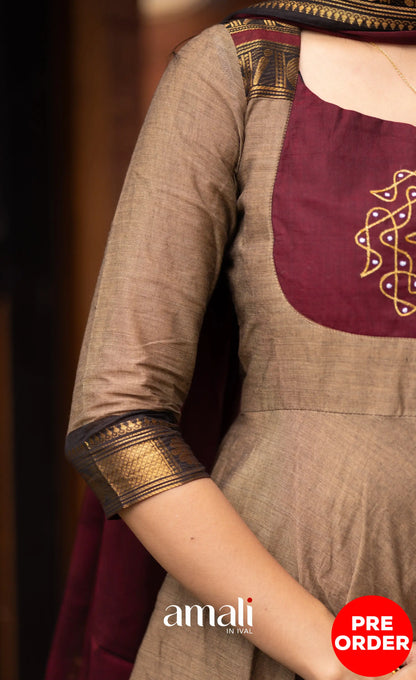 Chettinad Cotton Anarkali - Beige and Dark Maroon Anarkalis