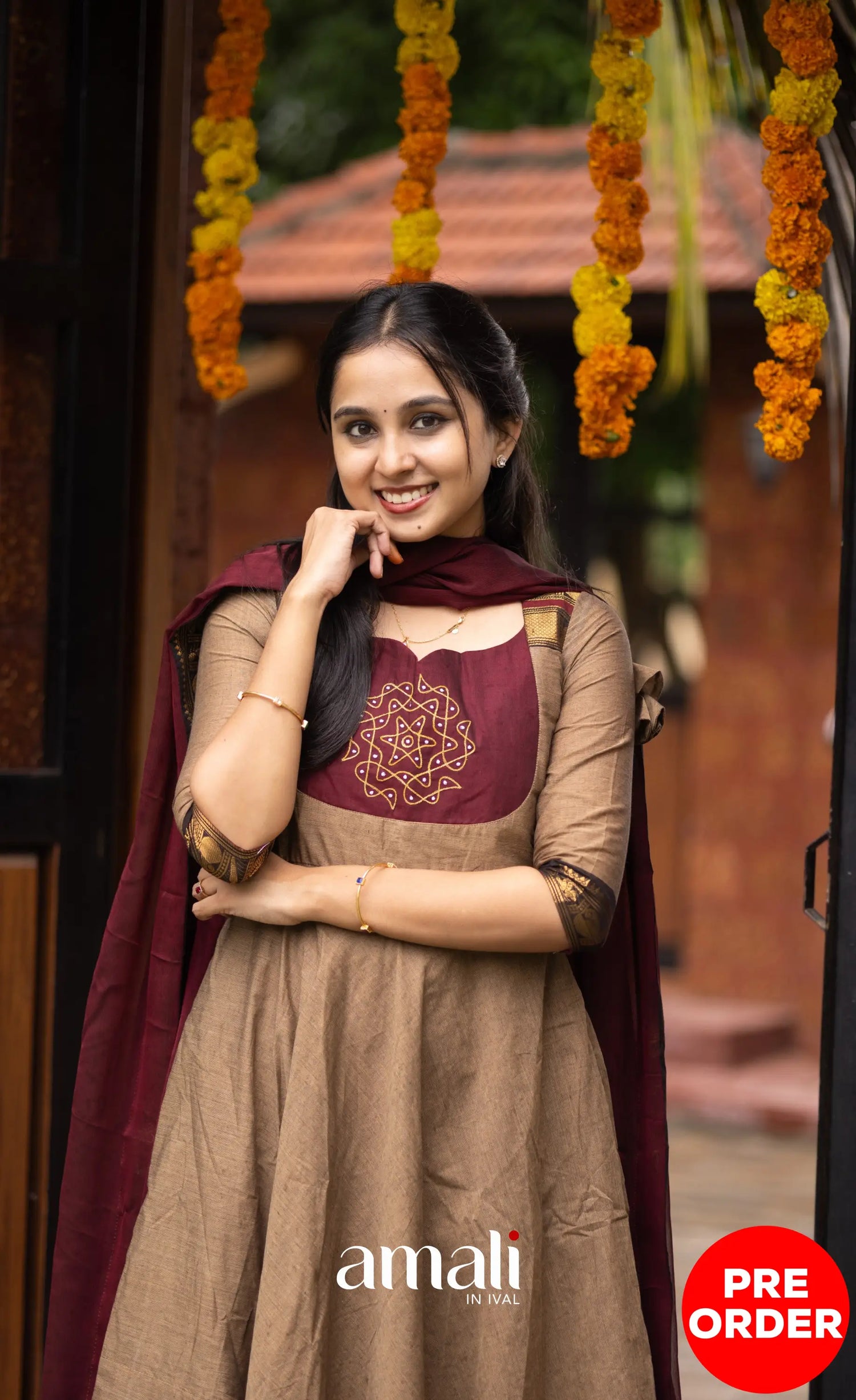 Chettinad Cotton Anarkali - Beige and Dark Maroon Anarkalis