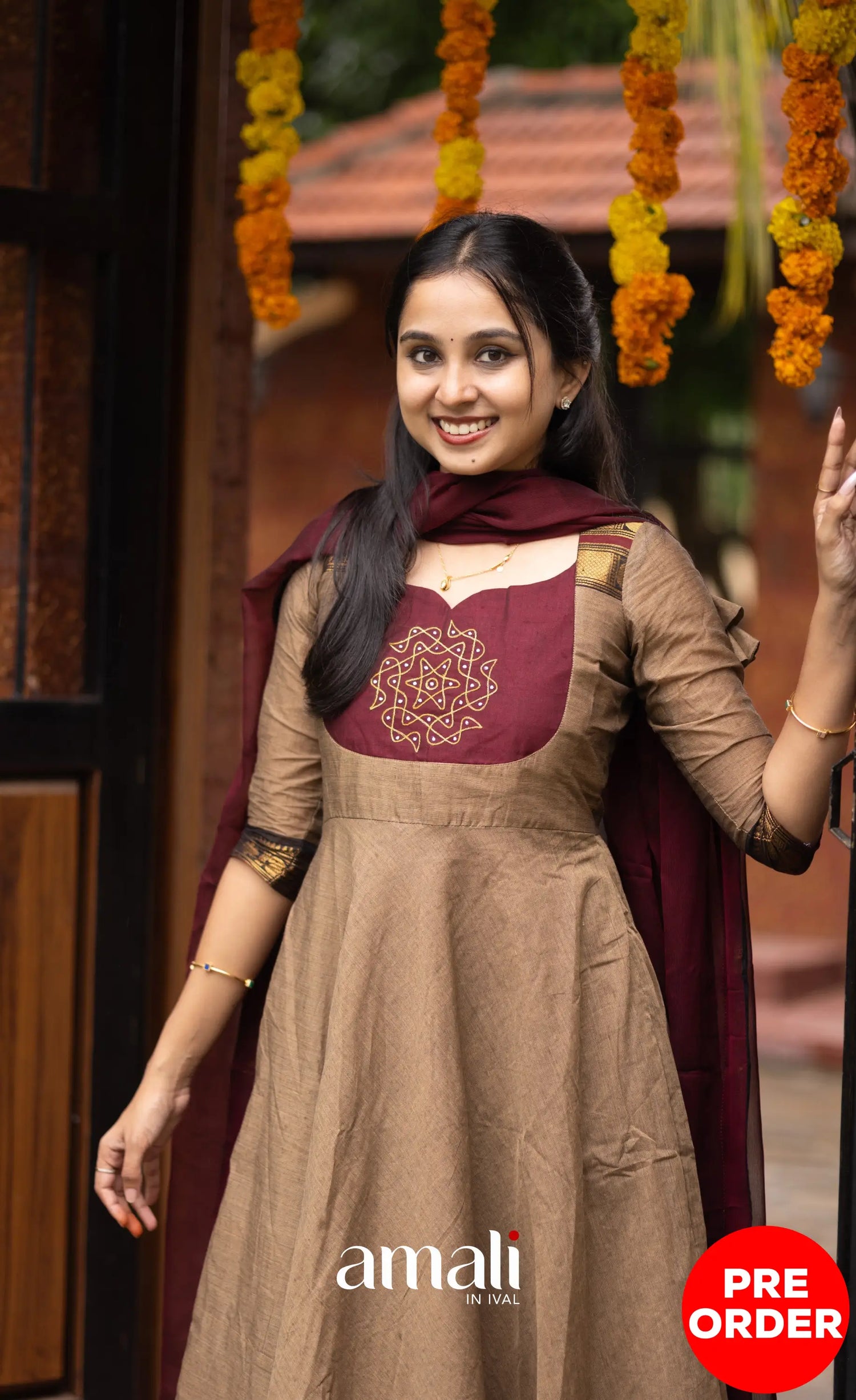 Chettinad Cotton Anarkali - Beige and Dark Maroon Anarkalis