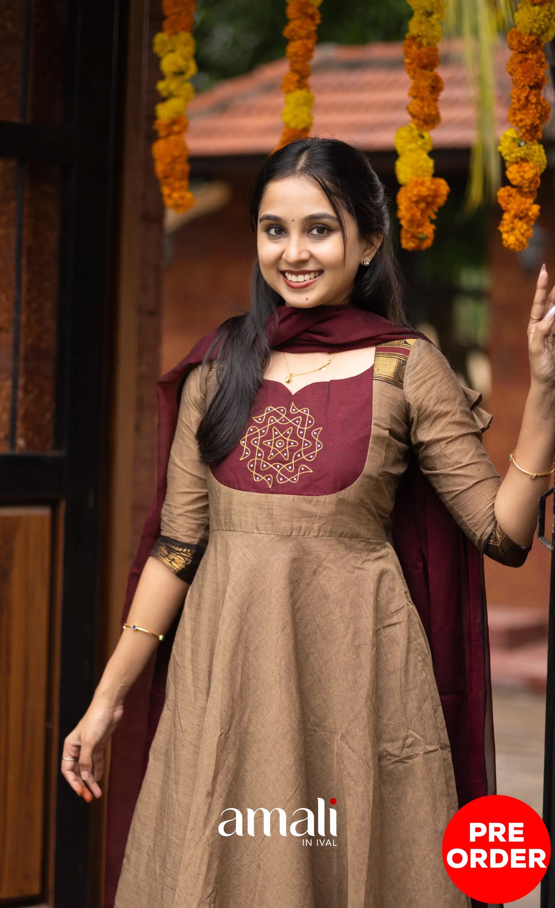 Chettinad Cotton Anarkali - Beige and Dark Maroon Anarkalis