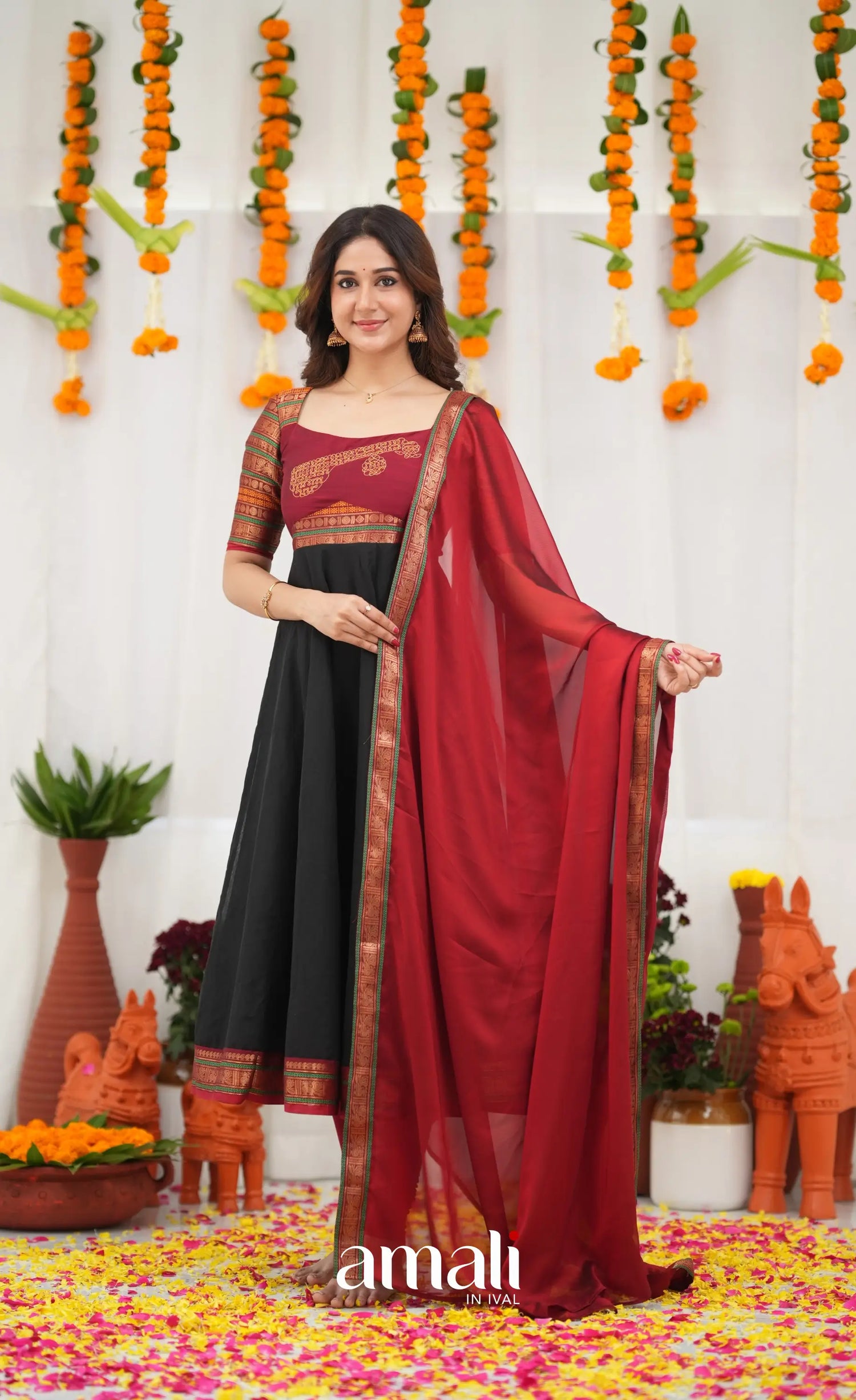 Chettinad Cotton Anarkali - Black and Maroonish Red Anarkalis