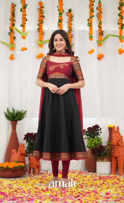 Chettinad Cotton Anarkali - Black and Maroonish Red Anarkalis