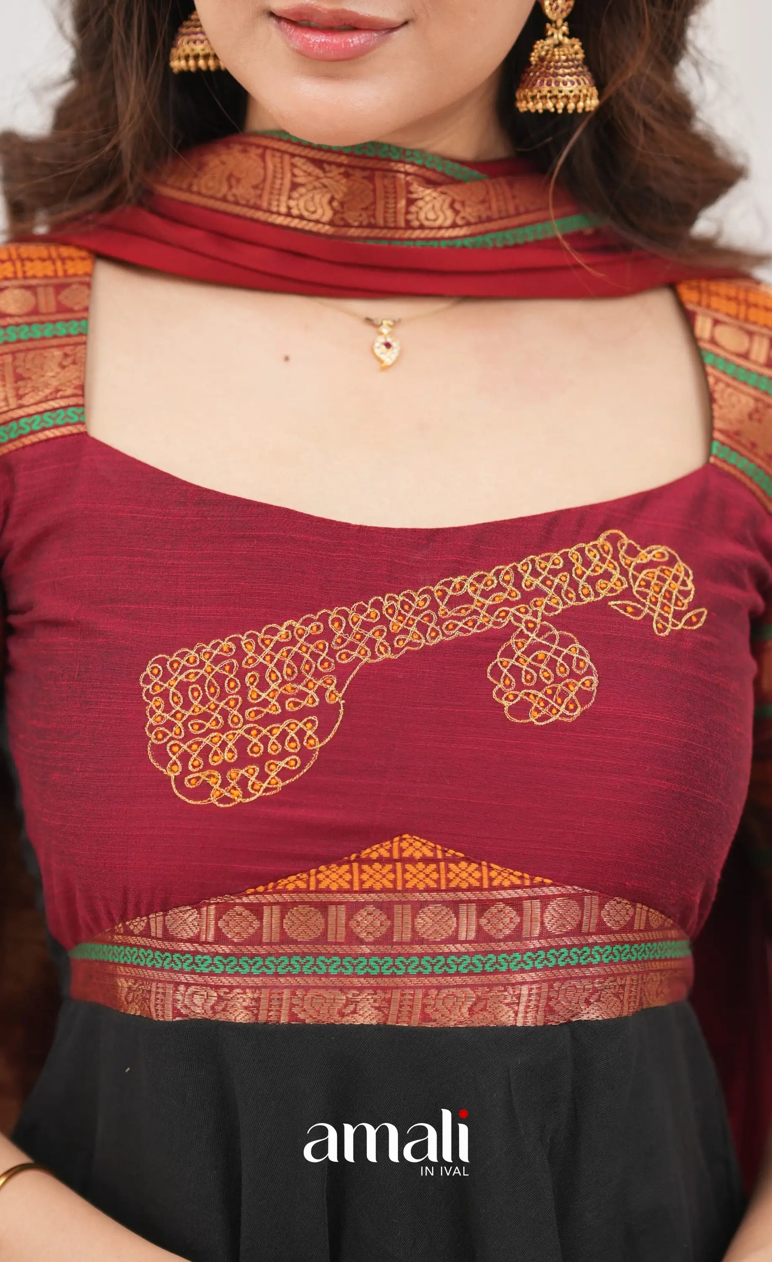 Chettinad Cotton Anarkali - Black and Maroonish Red Anarkalis