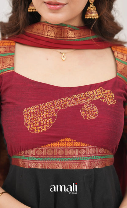 Chettinad Cotton Anarkali - Black and Maroonish Red Anarkalis