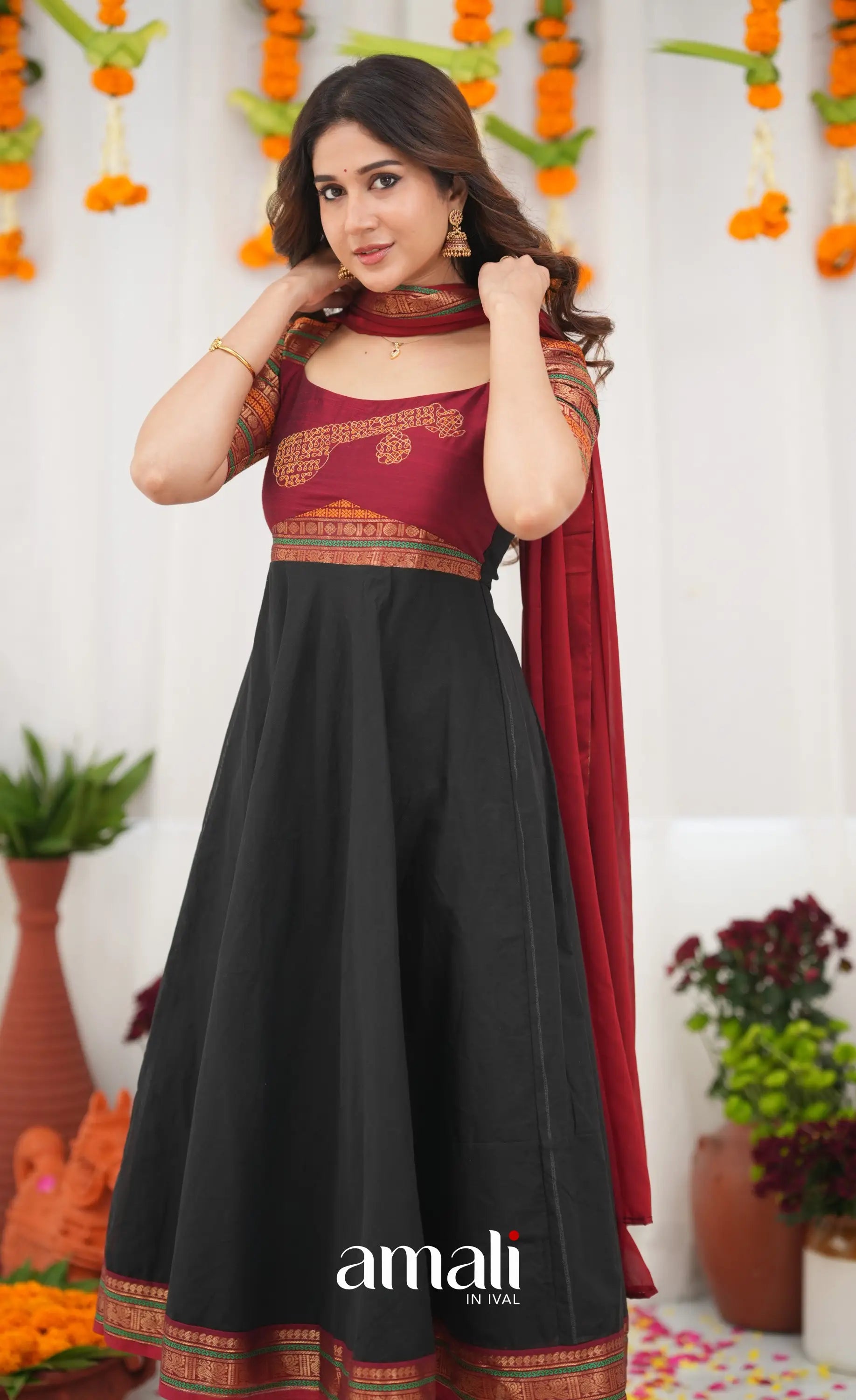 Chettinad Cotton Anarkali - Black and Maroonish Red Anarkalis