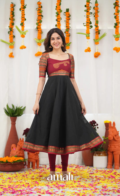 Chettinad Cotton Anarkali - Black and Maroonish Red Anarkalis