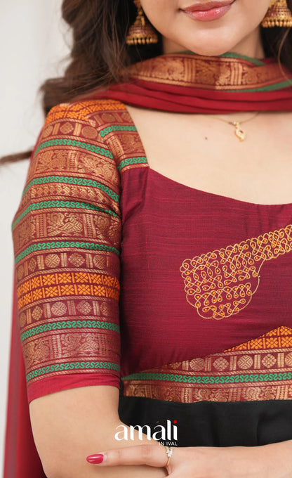 Chettinad Cotton Anarkali - Black and Maroonish Red Anarkalis