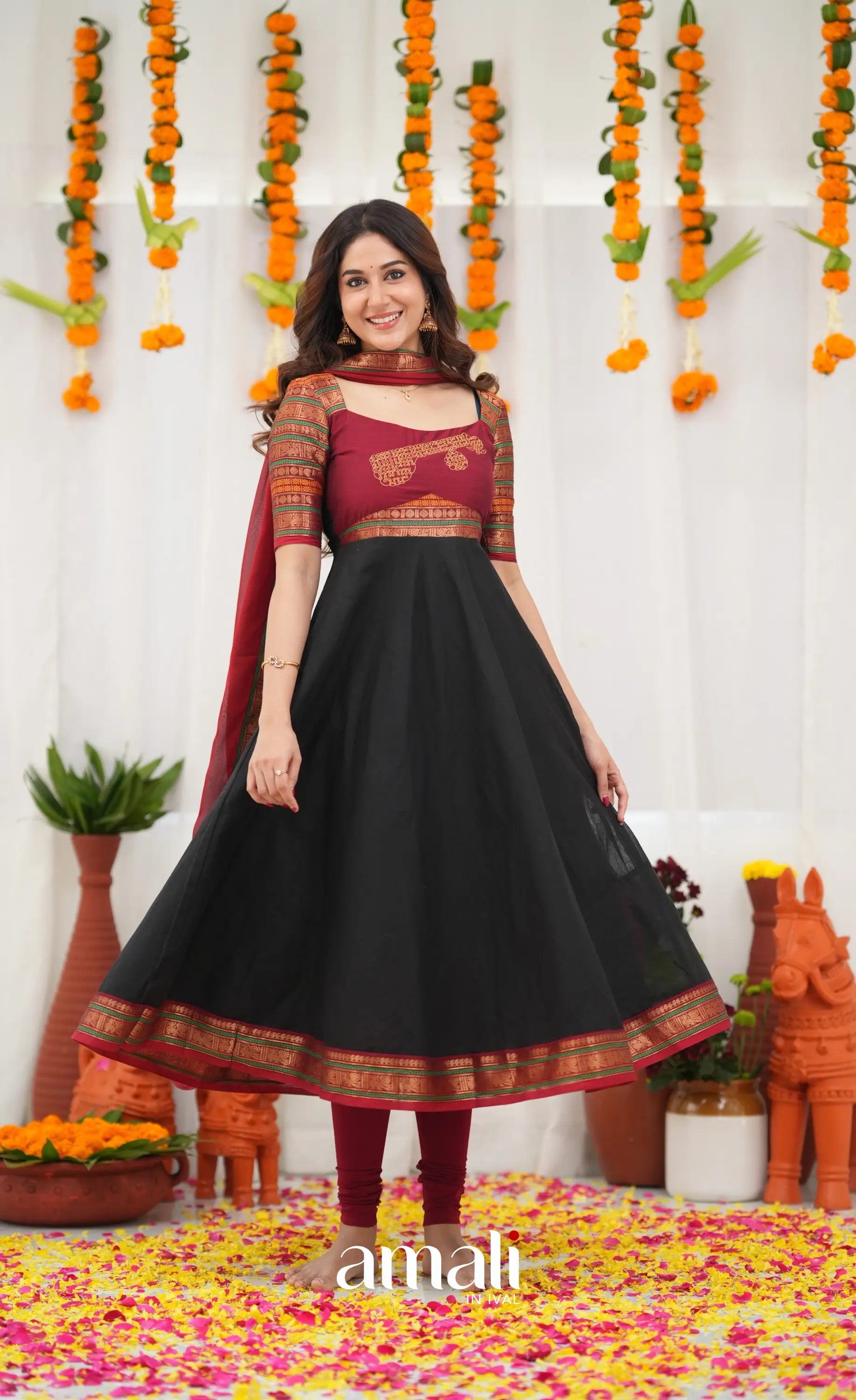 Chettinad Cotton Anarkali - Black and Maroonish Red Anarkalis