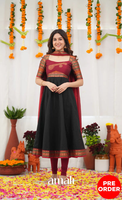 Chettinad Cotton Anarkali - Black and Maroonish Red Anarkalis