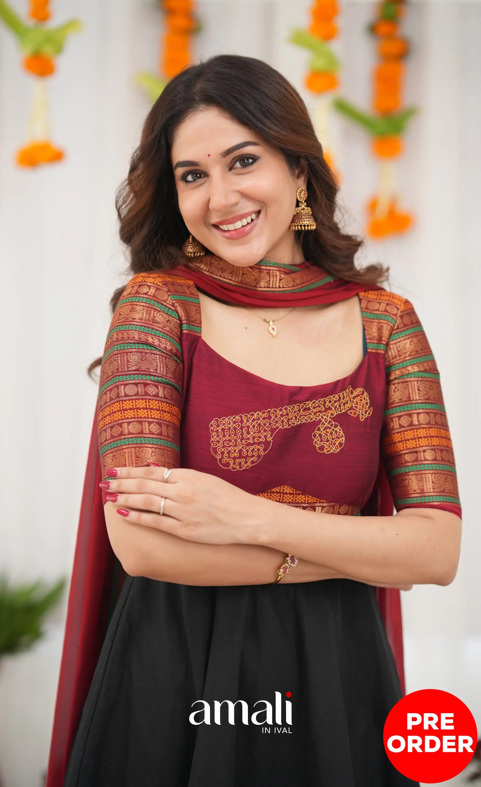 Chettinad Cotton Anarkali - Black and Maroonish Red Anarkalis