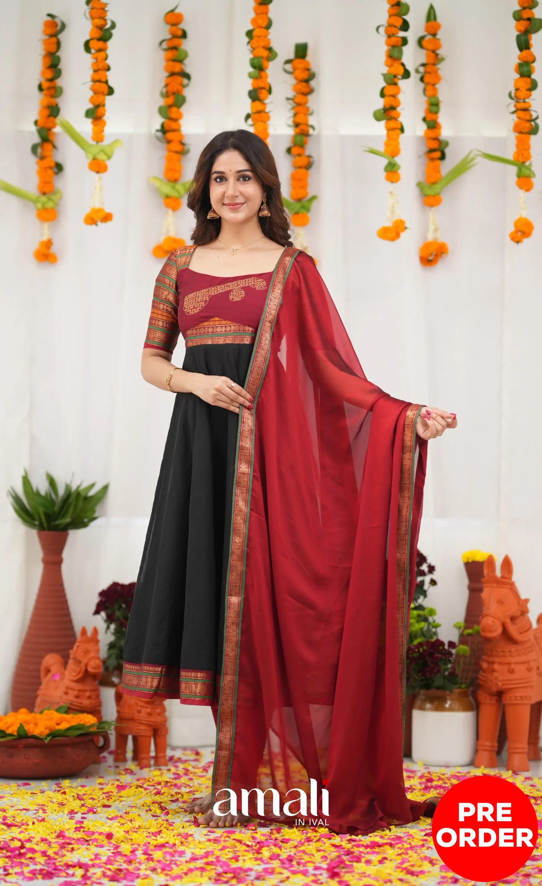 Chettinad Cotton Anarkali - Black and Maroonish Red Anarkalis