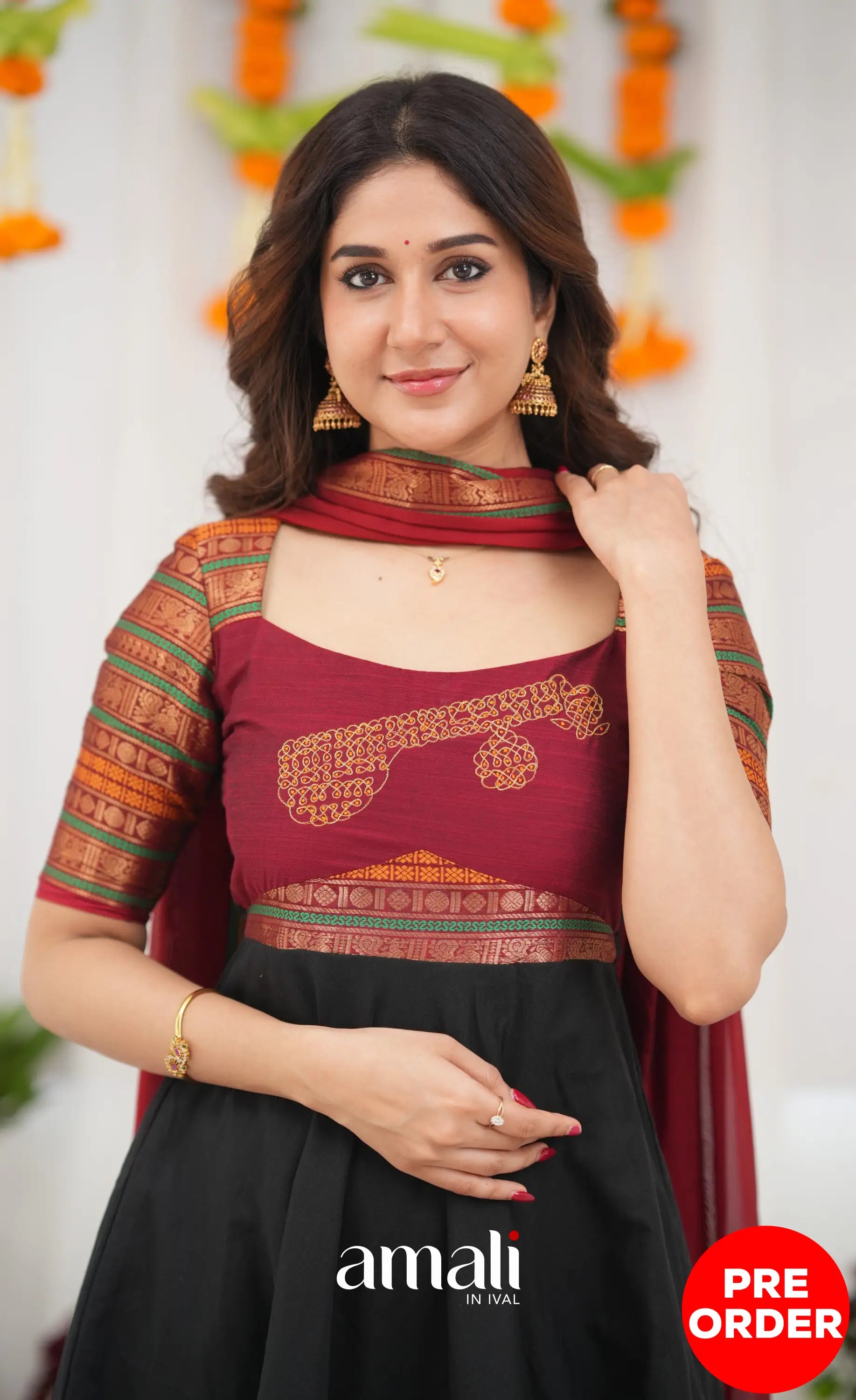 Chettinad Cotton Anarkali - Black and Maroonish Red Anarkalis