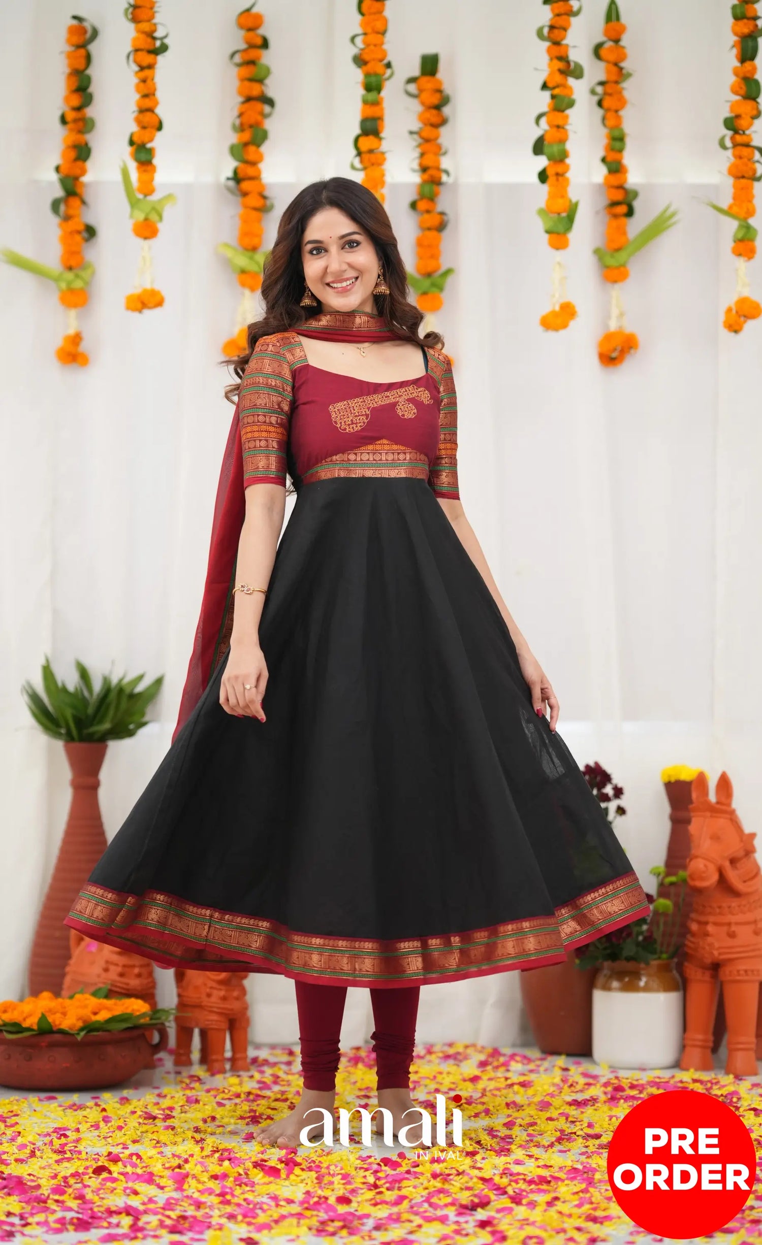 Chettinad Cotton Anarkali - Black and Maroonish Red Anarkalis