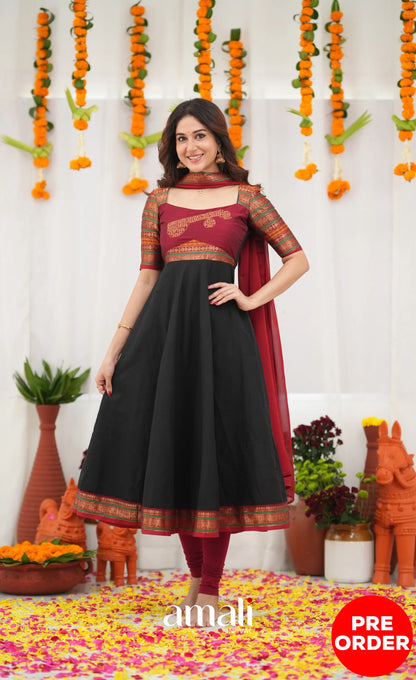 Chettinad Cotton Anarkali - Black and Maroonish Red Anarkalis