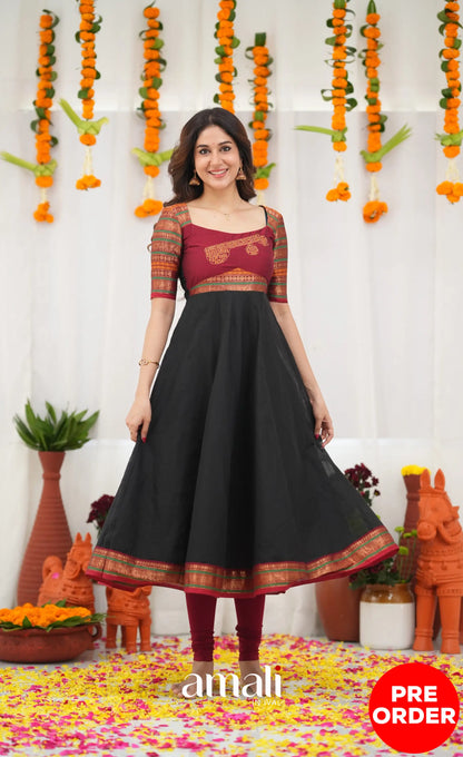 Chettinad Cotton Anarkali - Black and Maroonish Red Anarkalis