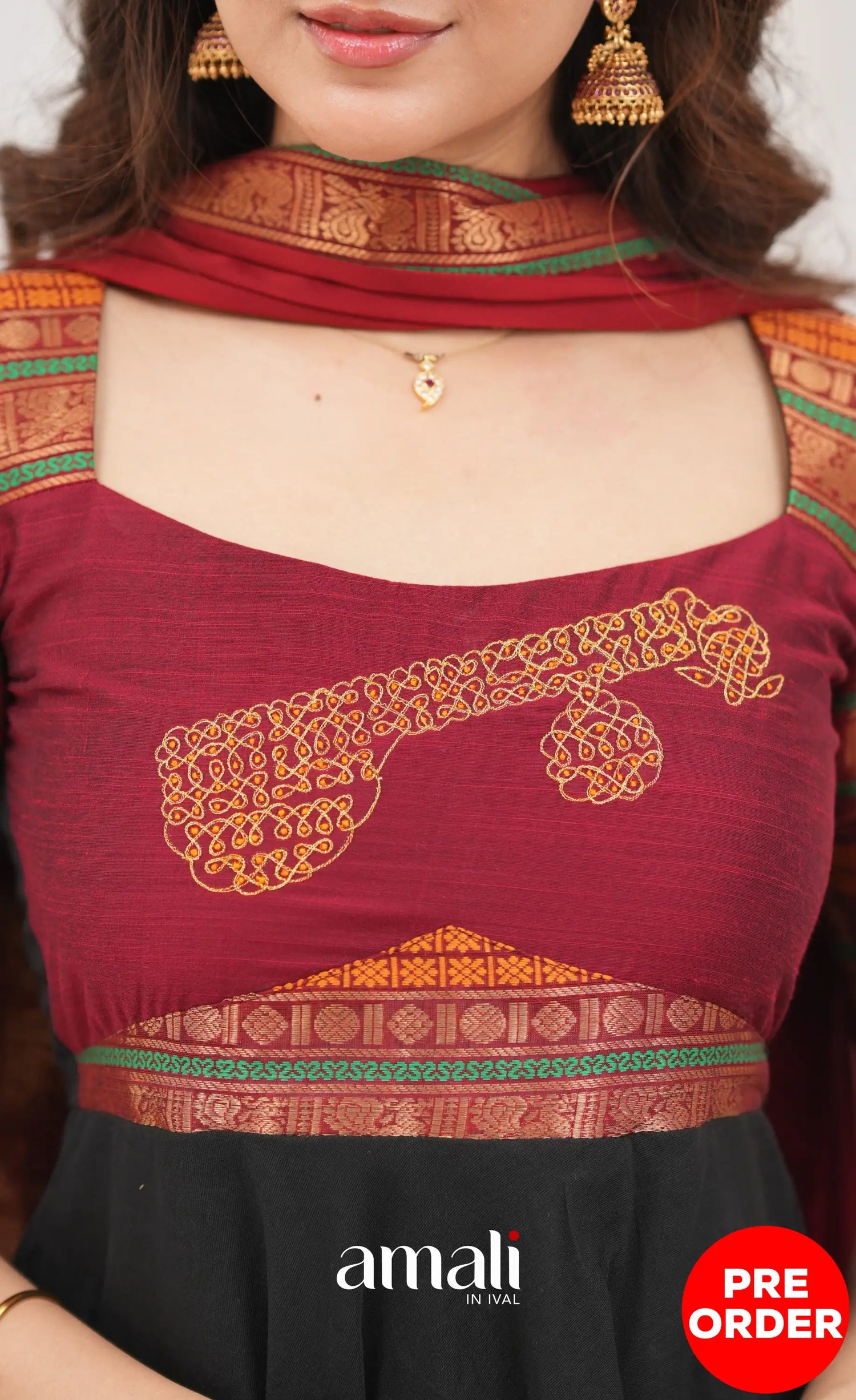 Chettinad Cotton Anarkali - Black and Maroonish Red Anarkalis