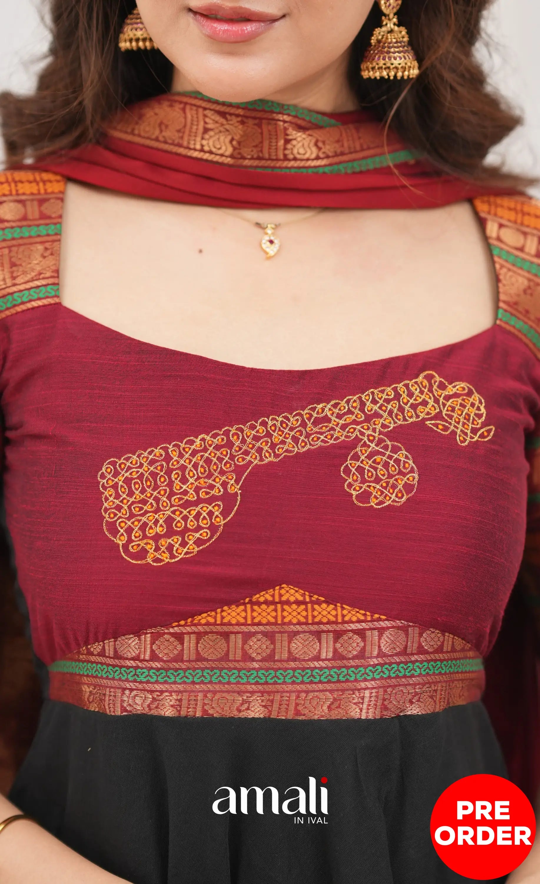 Chettinad Cotton Anarkali - Black and Maroonish Red Anarkalis