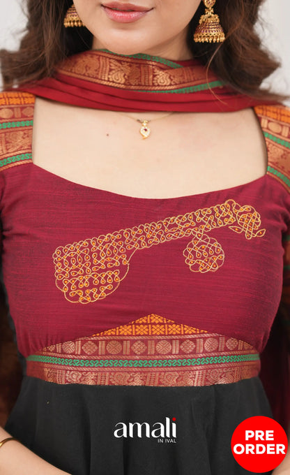 Chettinad Cotton Anarkali - Black and Maroonish Red Anarkalis