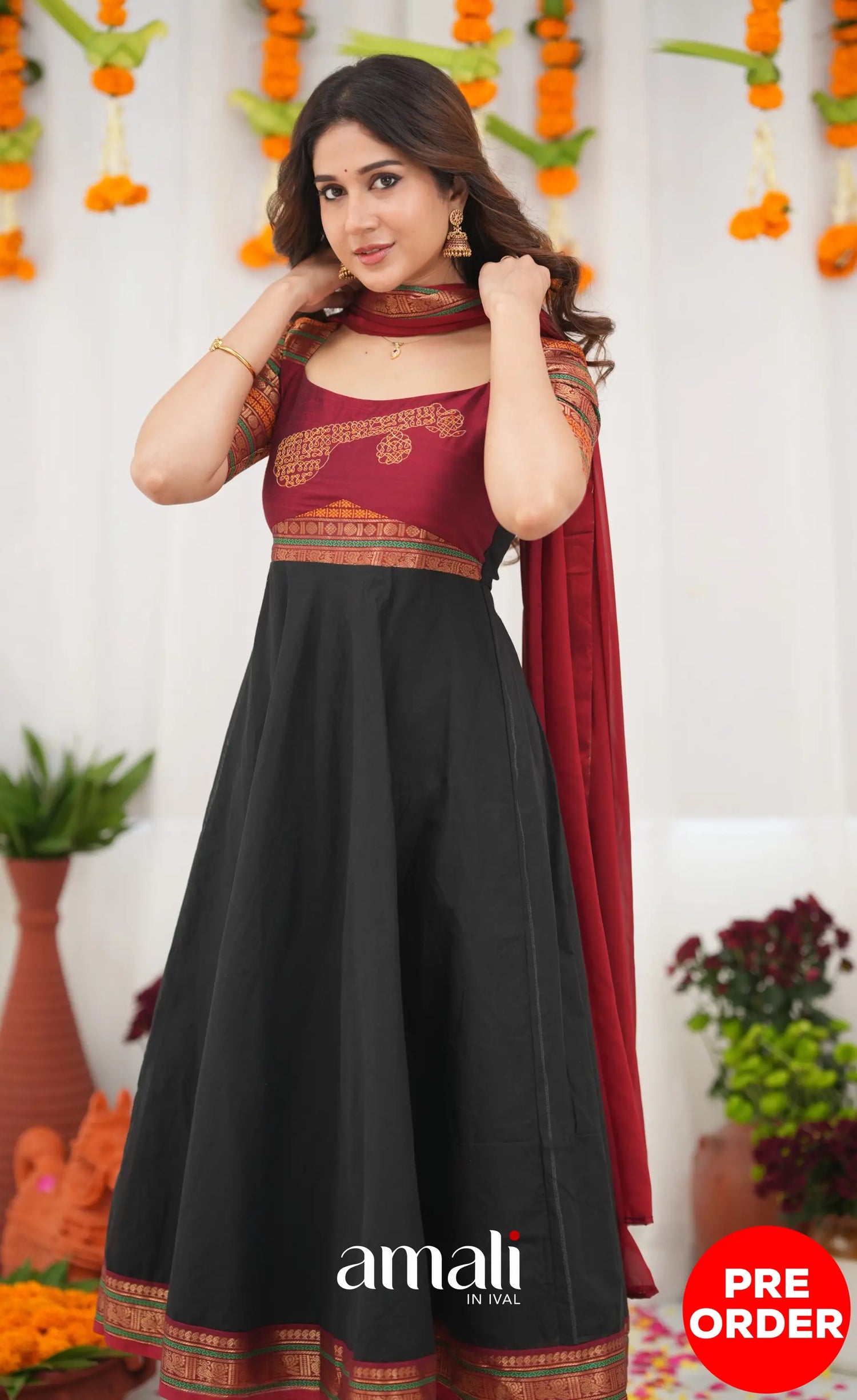Chettinad Cotton Anarkali - Black and Maroonish Red Anarkalis