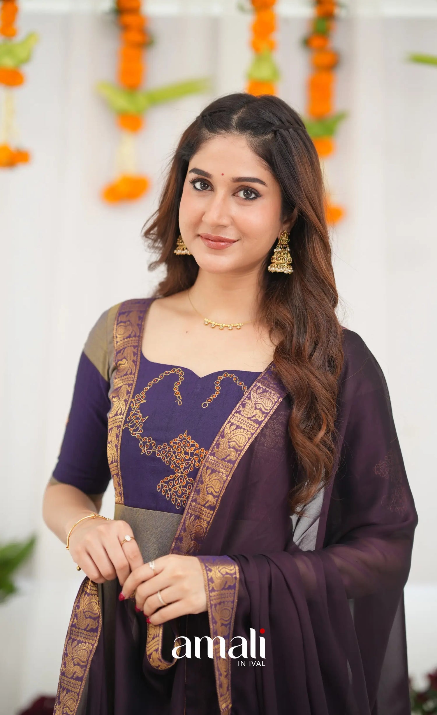 Chettinad Cotton Anarkali - Brownish Grey and Dark Plum Anarkalis
