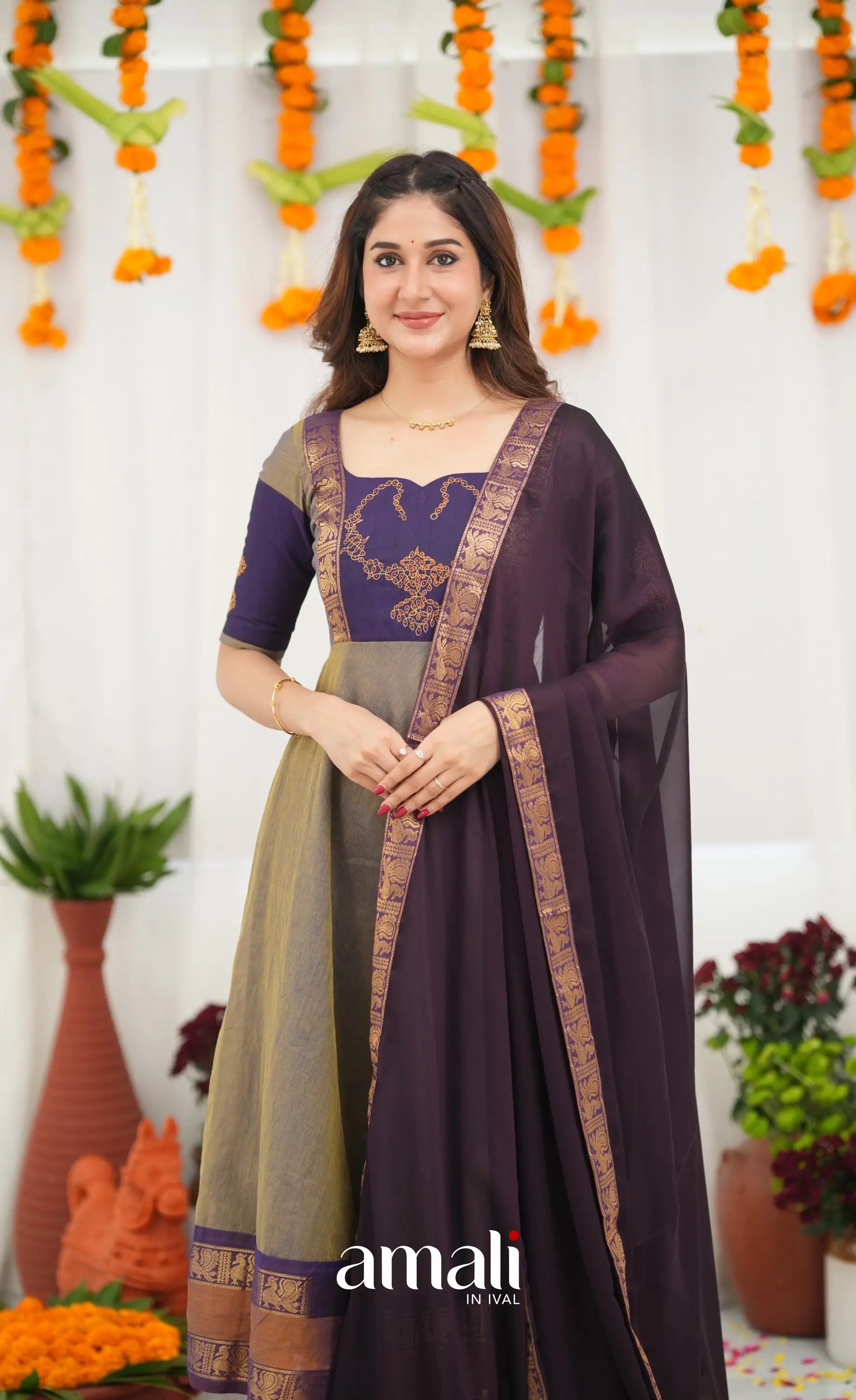 Chettinad Cotton Anarkali - Brownish Grey and Dark Plum Anarkalis