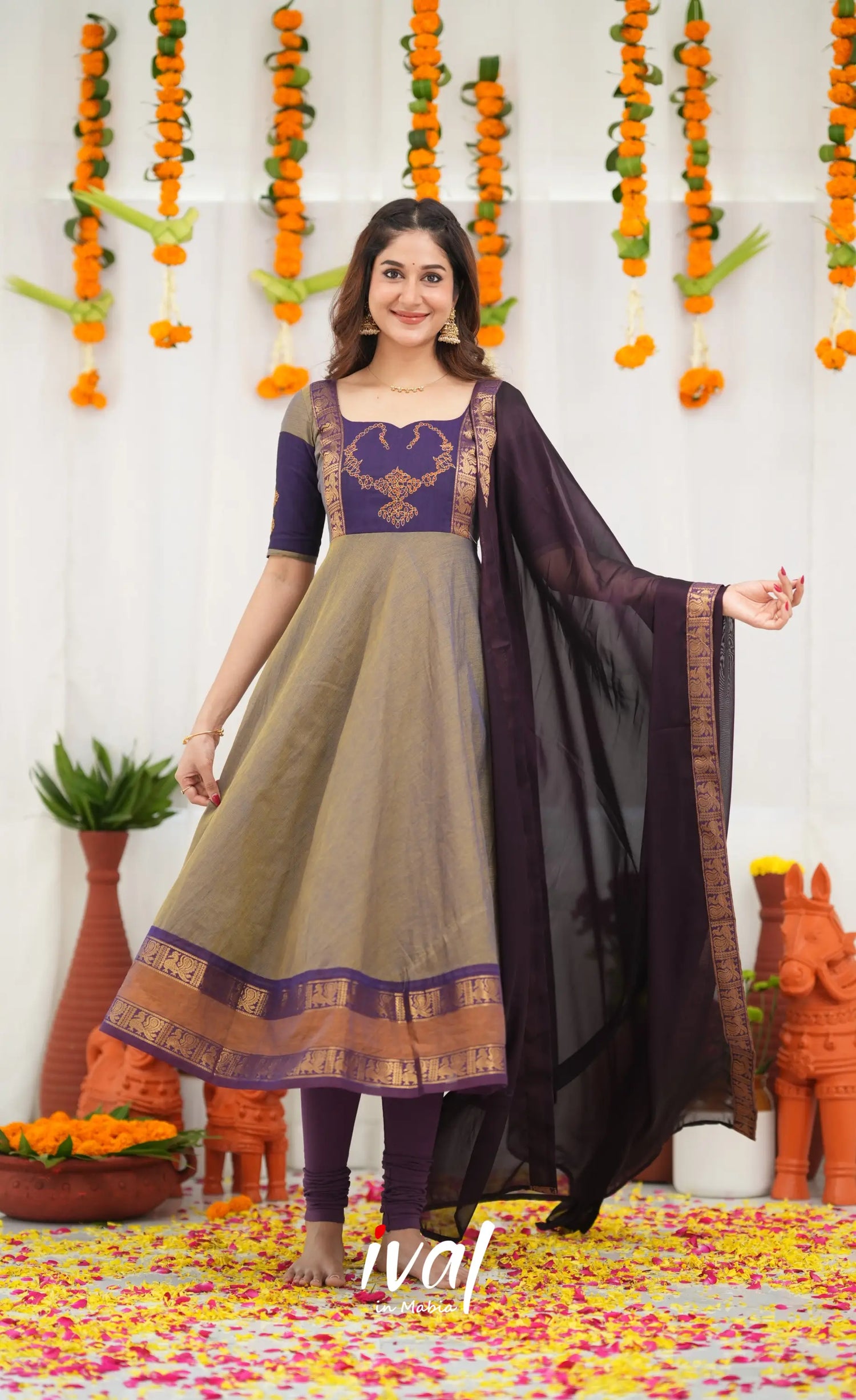 Chettinad Cotton Anarkali - Brownish Grey and Dark Plum Anarkalis
